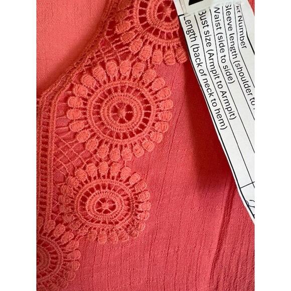 Zac & Rachel Crochet Trim Neck Slit Sleeve Blouse Bright Coral Women's Size L - Picture 4 of 6